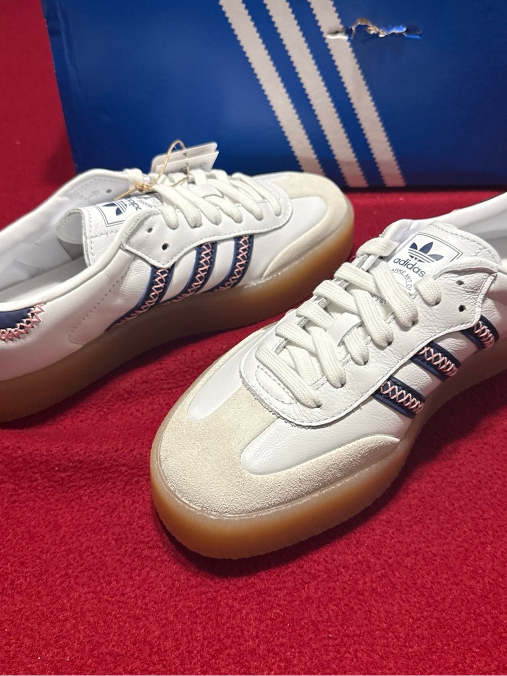 Adidas Sambae J White Dark Blue Pink Platform Sneakers Youth 6 Women 7
